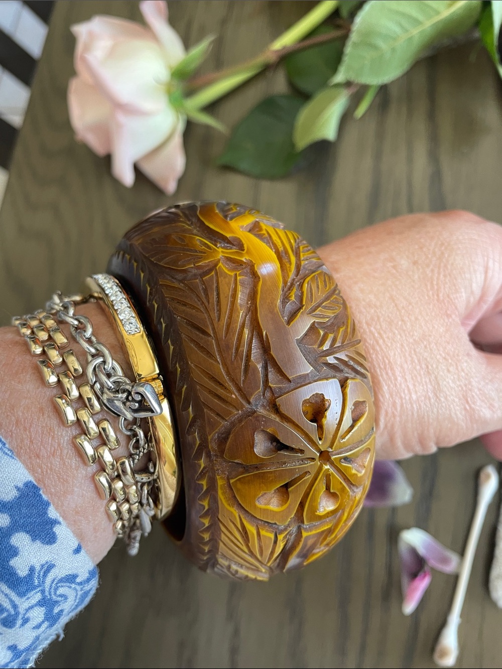 Bakelite Hand-Carved Floral Resin Bangle Bracelet in Amber